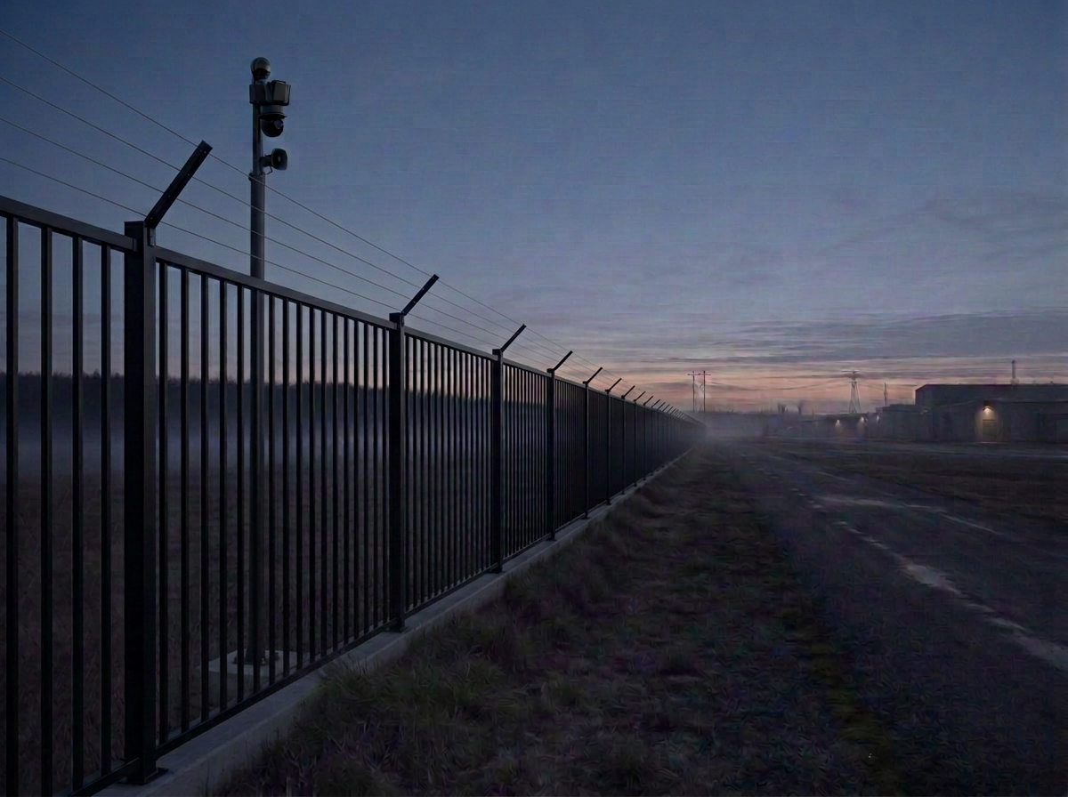 Sekvens i skymning där radar detekterar, kamera-AI identifierar, operatören agerar via högtalare och objektet lämnar området